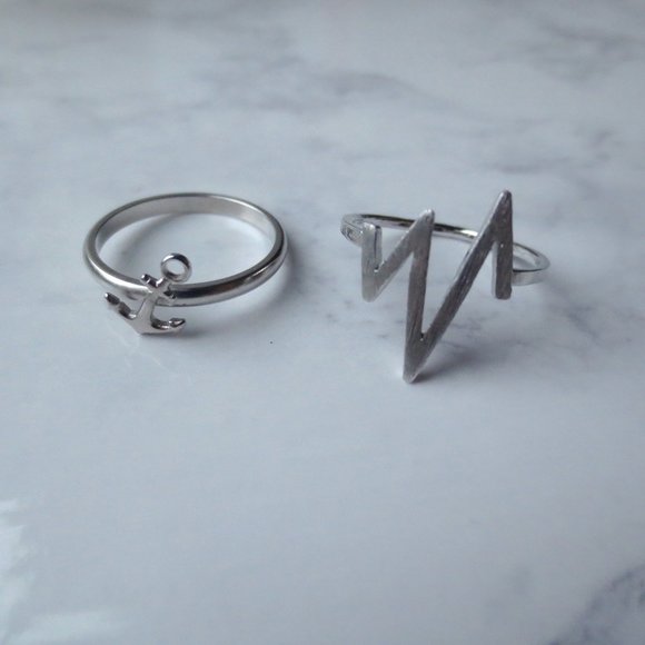 Set of Two Silver Rings with Anchor and Graph Angles - Picture 2 of 3